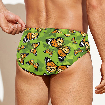 Green Monarch Butterfly Pattern Print Men's Swim Briefs