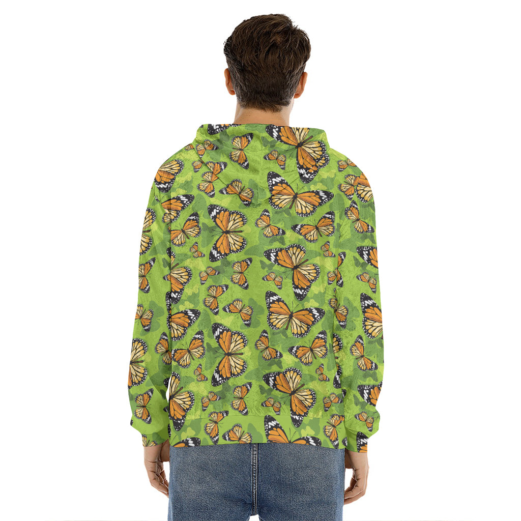 Green Monarch Butterfly Pattern Print Men's Velvet Pullover Hoodie
