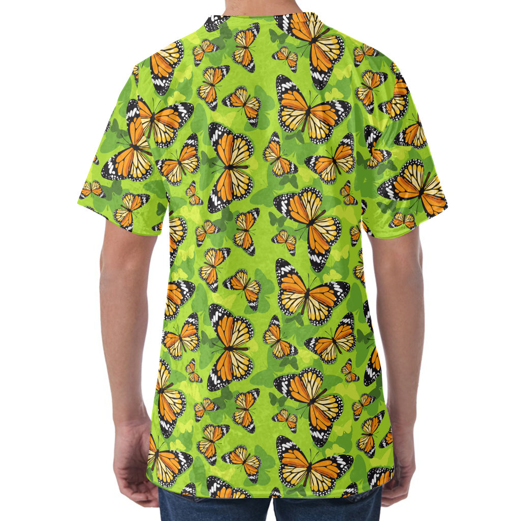 Green Monarch Butterfly Pattern Print Men's Velvet T-Shirt