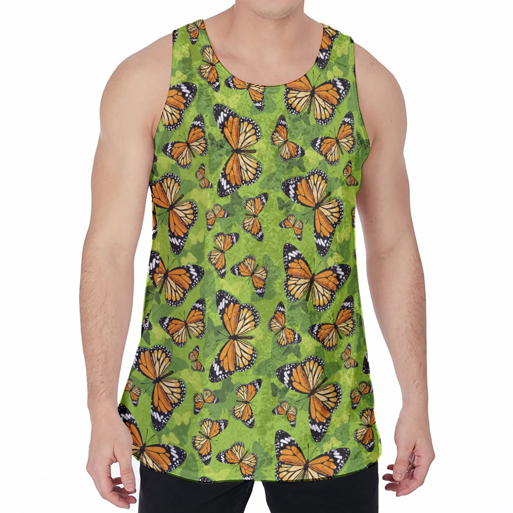 Green Monarch Butterfly Pattern Print Men's Velvet Tank Top