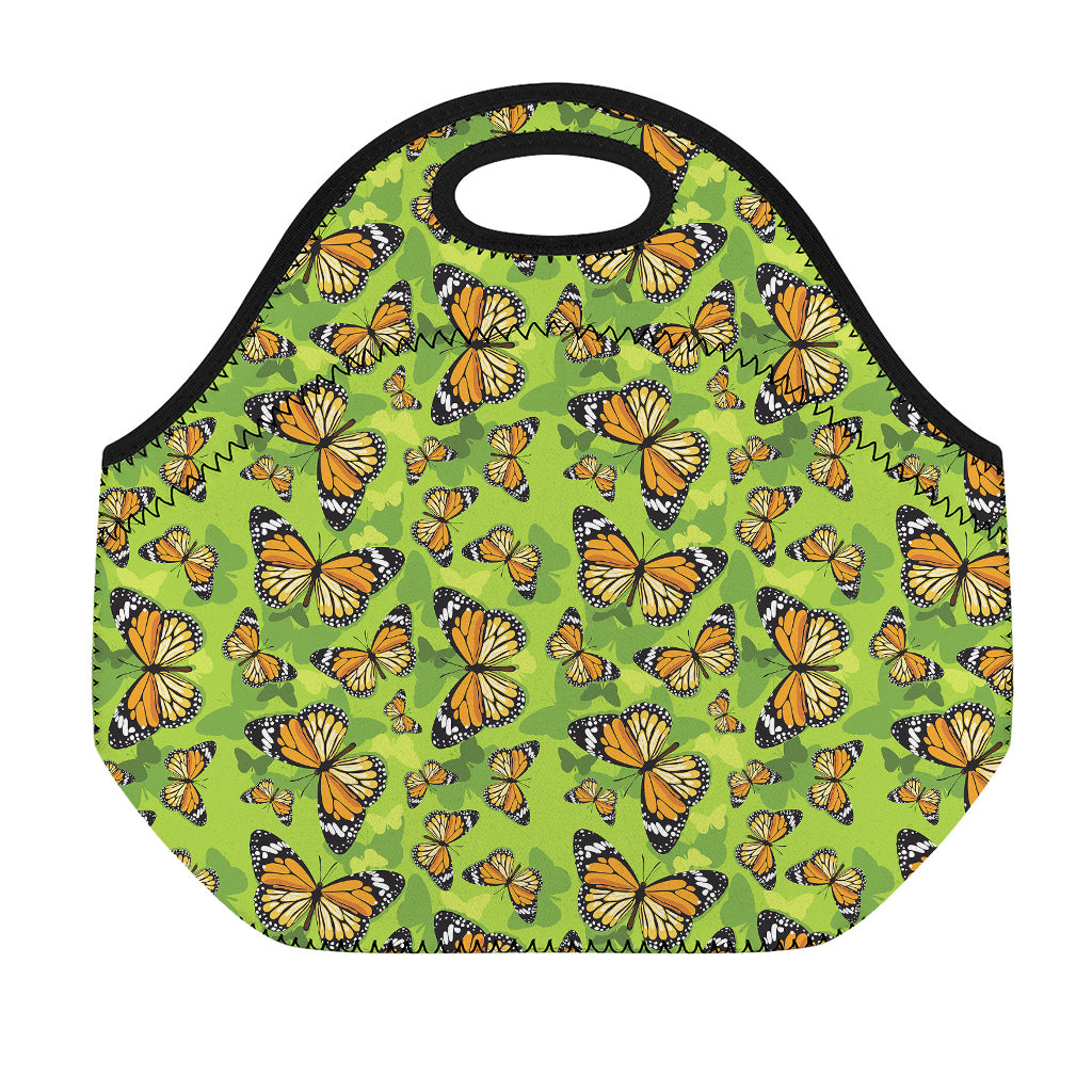 Green Monarch Butterfly Pattern Print Neoprene Lunch Bag