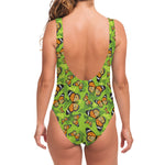 Green Monarch Butterfly Pattern Print One Piece Swimsuit