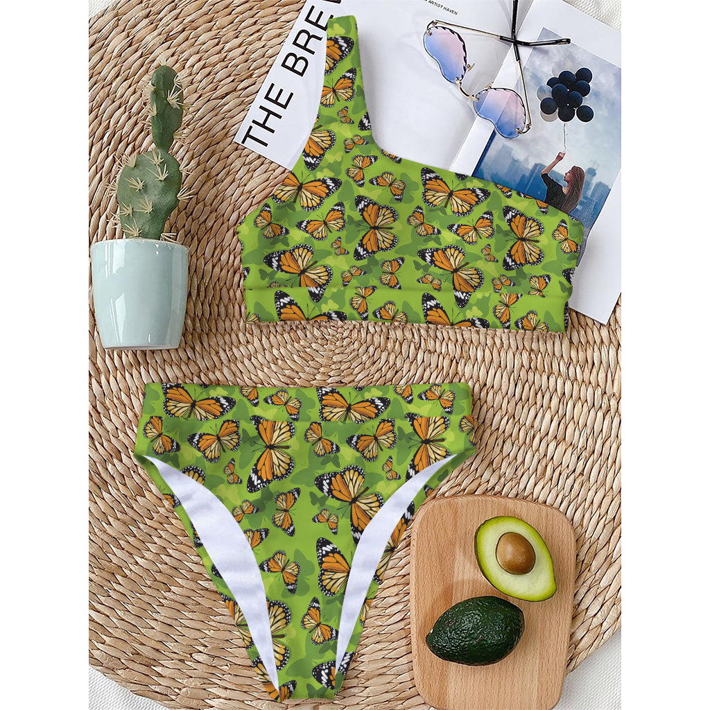 Green Monarch Butterfly Pattern Print One Shoulder Bikini Top