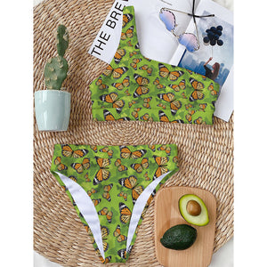 Green Monarch Butterfly Pattern Print One Shoulder Bikini Top