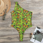 Green Monarch Butterfly Pattern Print One Shoulder Bodysuit