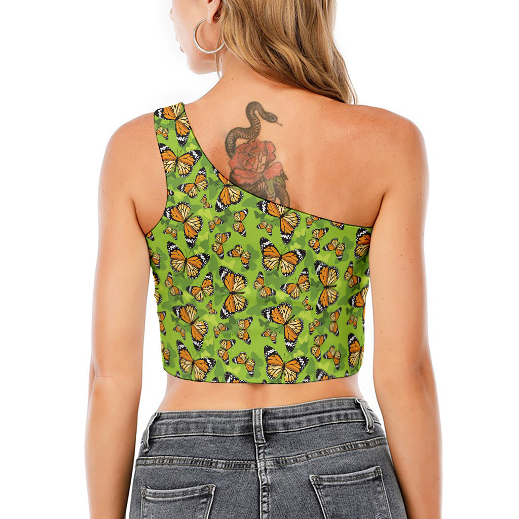 Green Monarch Butterfly Pattern Print One Shoulder Crop Top