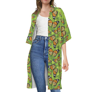 Green Monarch Butterfly Pattern Print Open Front Beach Cover Up