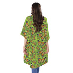 Green Monarch Butterfly Pattern Print Open Front Beach Cover Up