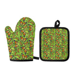 Green Monarch Butterfly Pattern Print Oven Mitt And Pot Holder Set