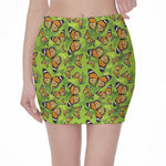Green Monarch Butterfly Pattern Print Pencil Mini Skirt