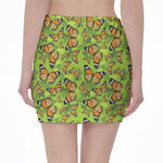 Green Monarch Butterfly Pattern Print Pencil Mini Skirt