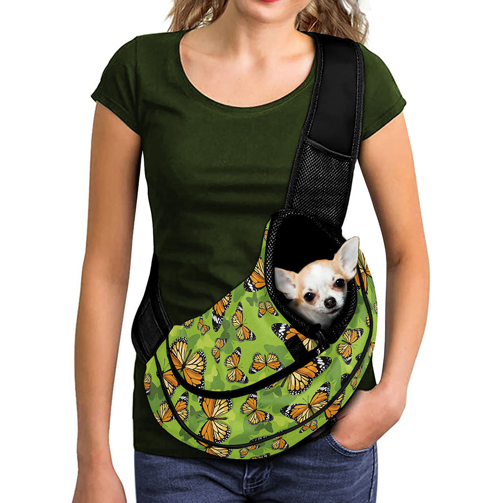 Green Monarch Butterfly Pattern Print Pet Sling Carrier