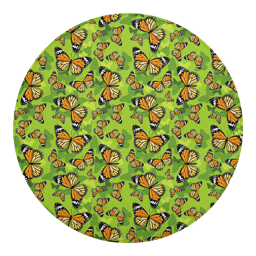 Green Monarch Butterfly Pattern Print Round Blanket