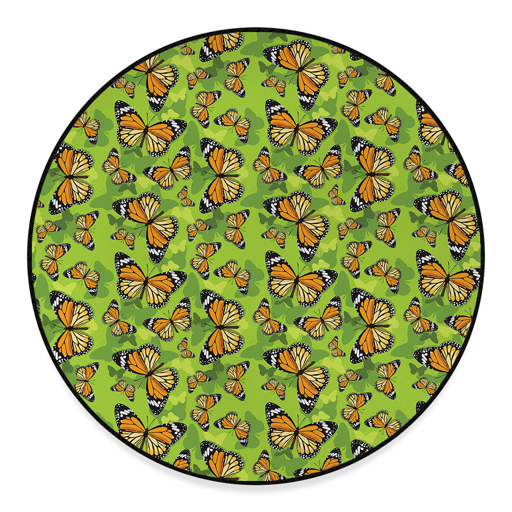 Green Monarch Butterfly Pattern Print Round Floor Mat