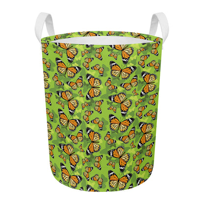 Green Monarch Butterfly Pattern Print Round Laundry Basket