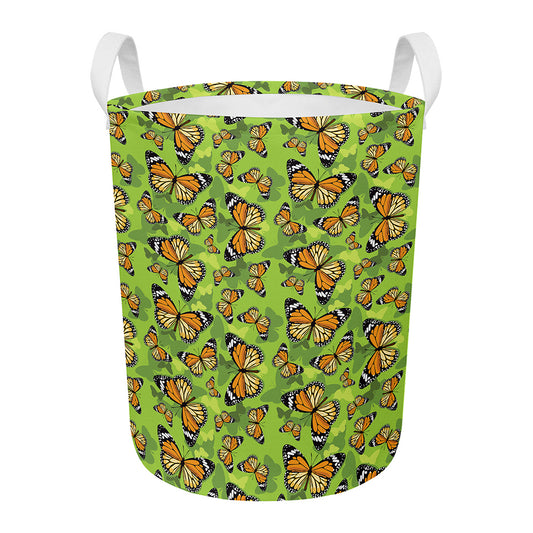 Green Monarch Butterfly Pattern Print Round Laundry Basket