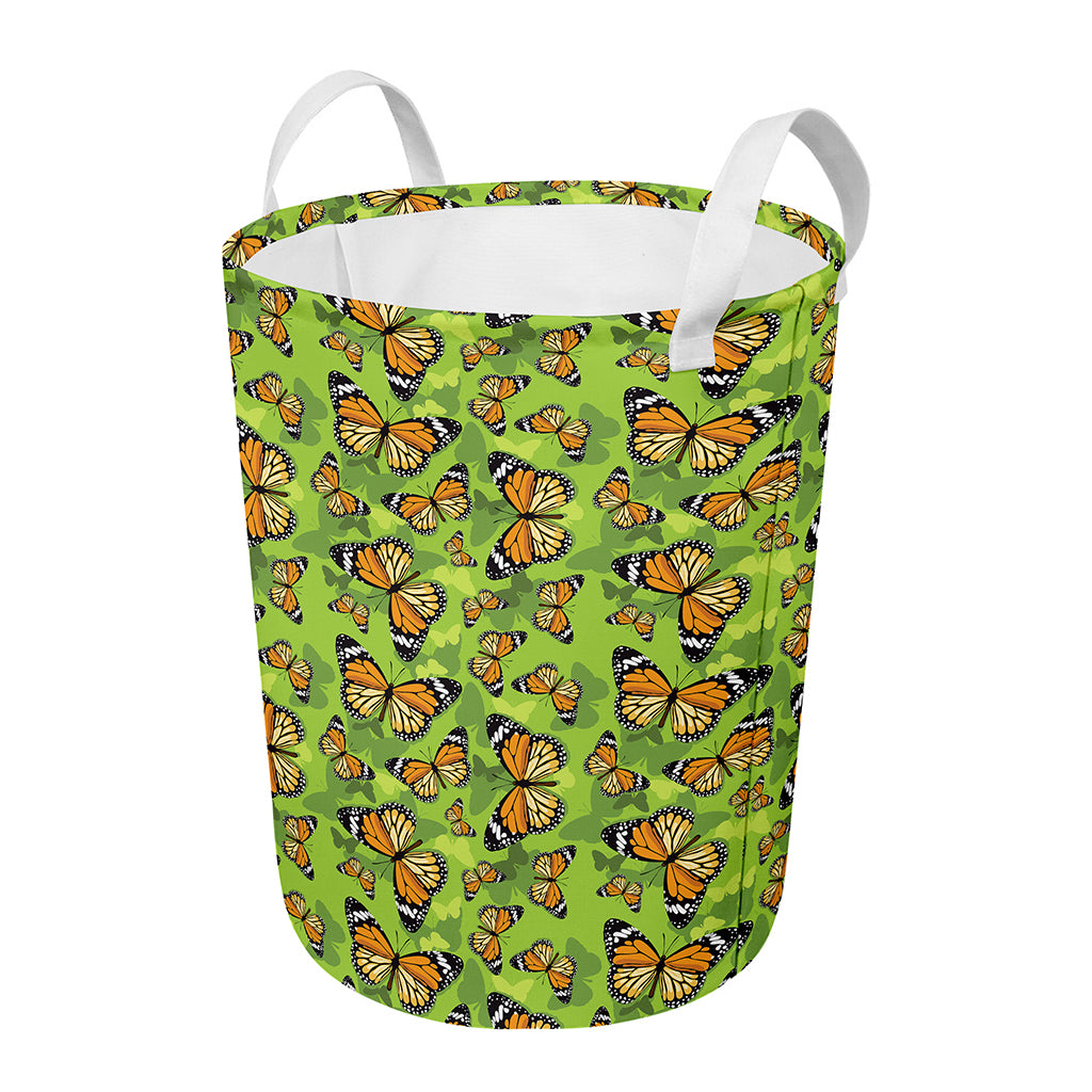 Green Monarch Butterfly Pattern Print Round Laundry Basket