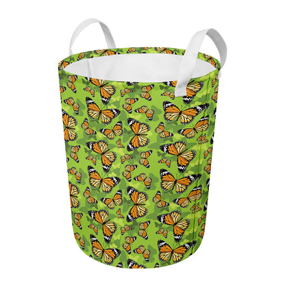 Green Monarch Butterfly Pattern Print Round Laundry Basket