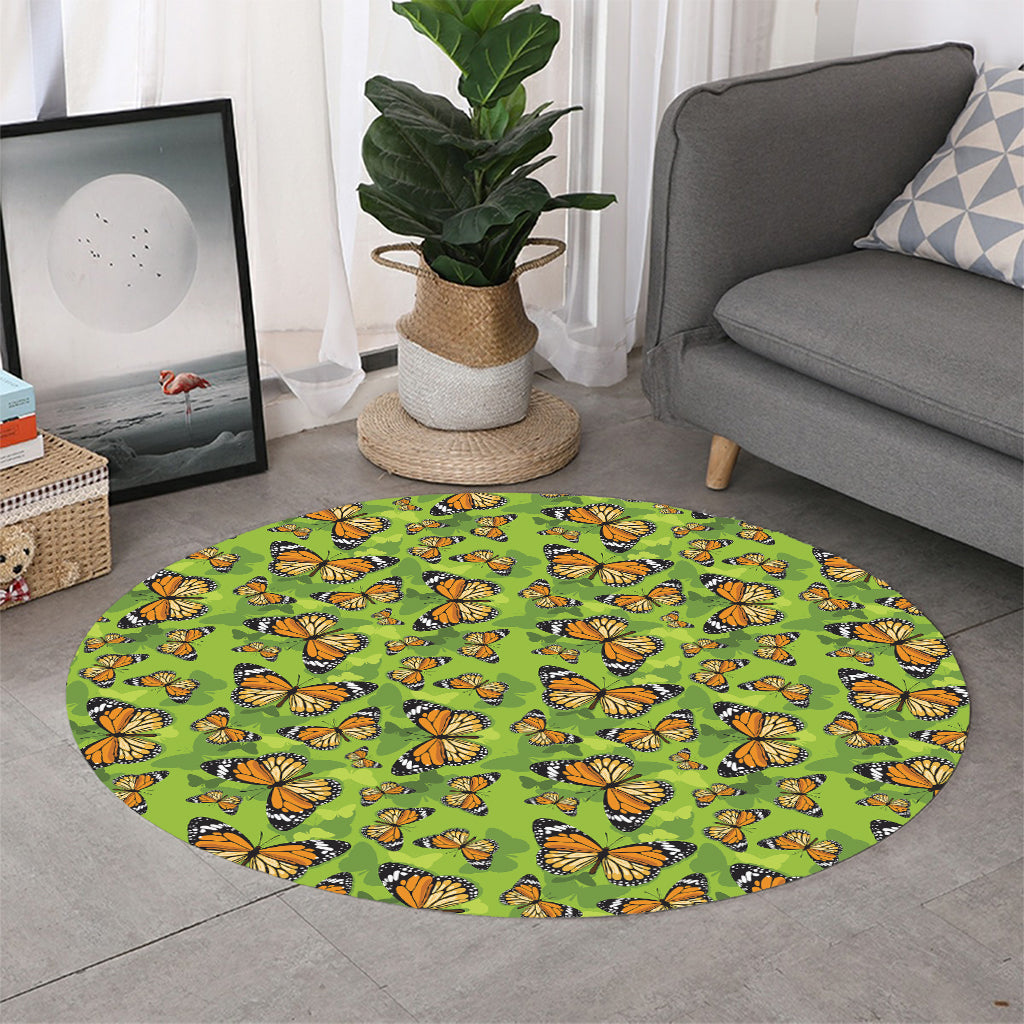 Green Monarch Butterfly Pattern Print Round Rug