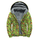 Green Monarch Butterfly Pattern Print Sherpa Lined Zip Up Hoodie