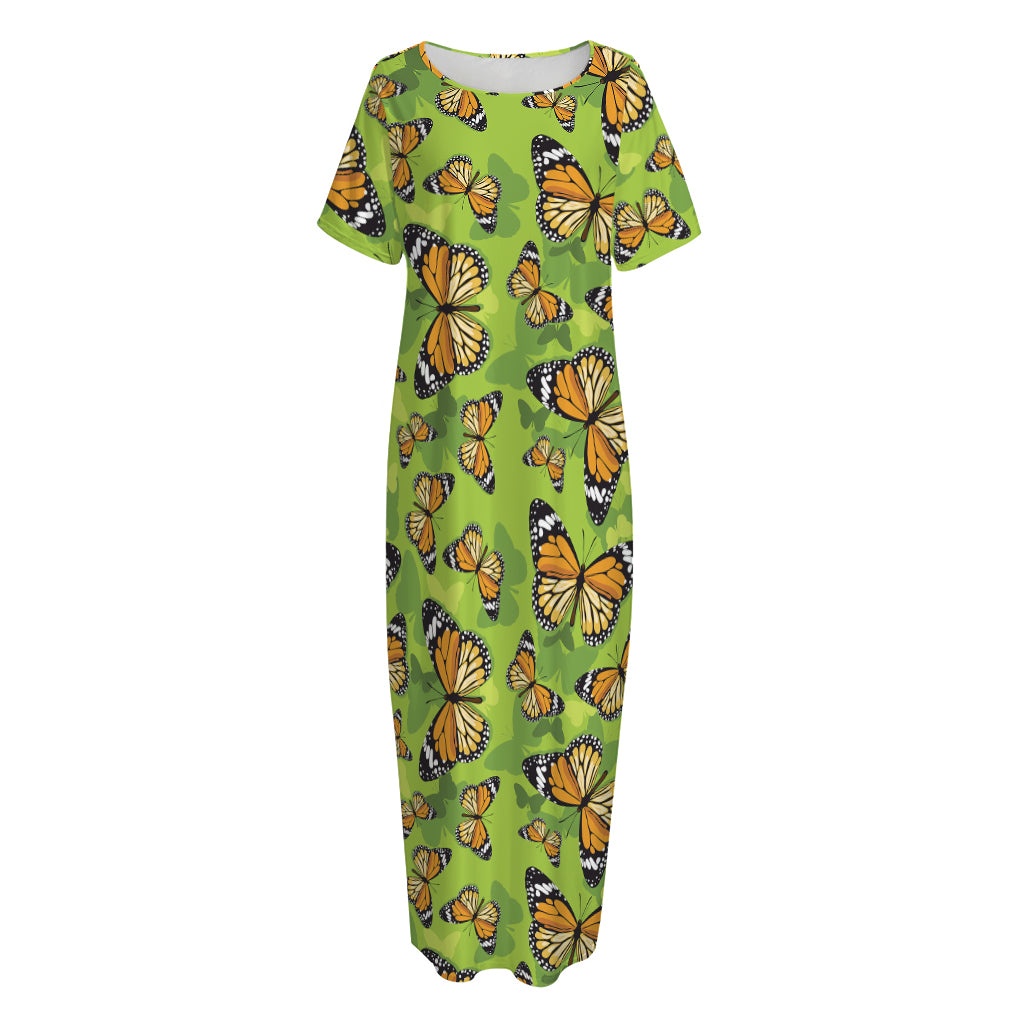 Green Monarch Butterfly Pattern Print Short Sleeve Long Nightdress