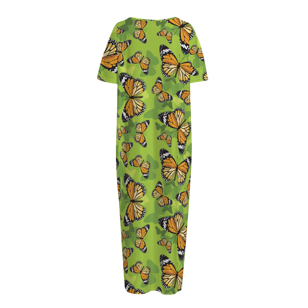 Green Monarch Butterfly Pattern Print Short Sleeve Long Nightdress