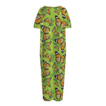 Green Monarch Butterfly Pattern Print Short Sleeve Long Nightdress