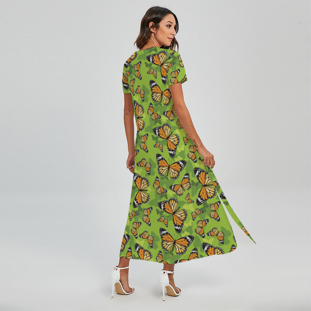 Green Monarch Butterfly Pattern Print Short Sleeve Maxi Dress