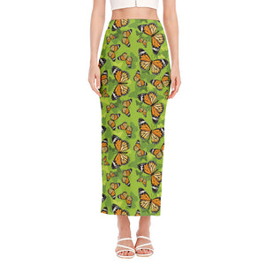 Green Monarch Butterfly Pattern Print Side Slit Maxi Skirt