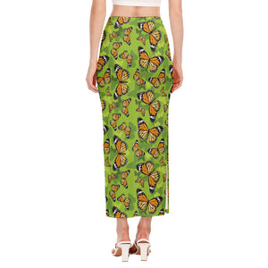 Green Monarch Butterfly Pattern Print Side Slit Maxi Skirt