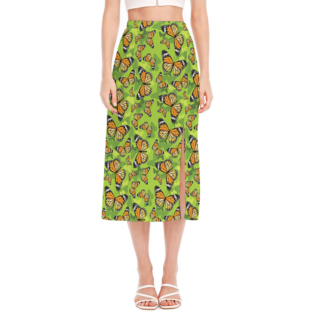 Green Monarch Butterfly Pattern Print Side Slit Midi Skirt