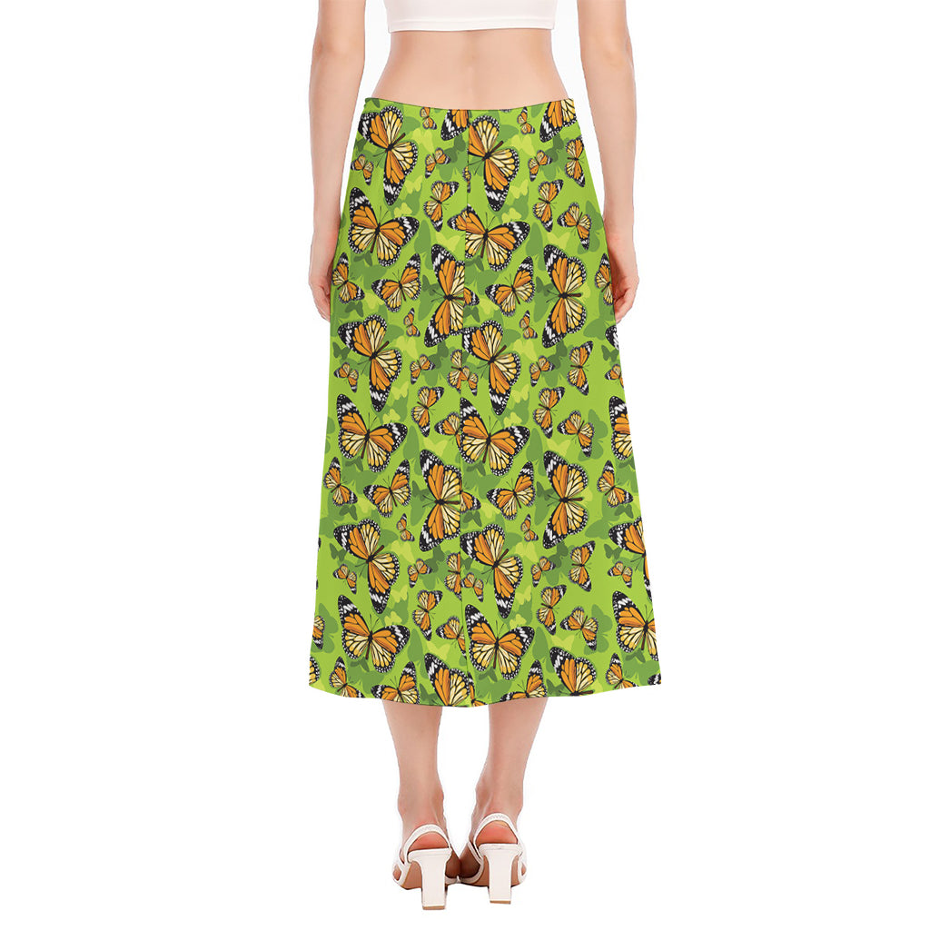 Green Monarch Butterfly Pattern Print Side Slit Midi Skirt