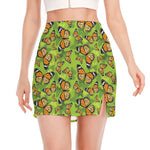 Green Monarch Butterfly Pattern Print Side Slit Mini Skirt