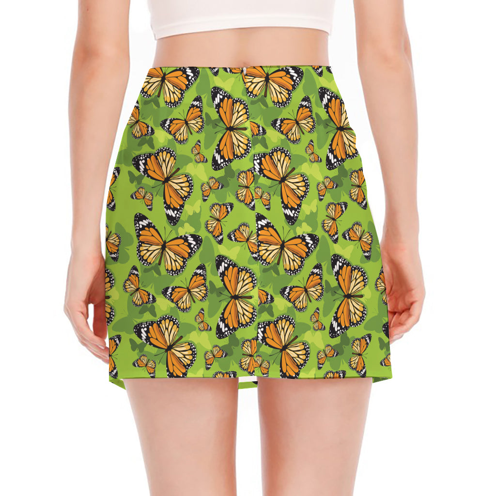 Green Monarch Butterfly Pattern Print Side Slit Mini Skirt