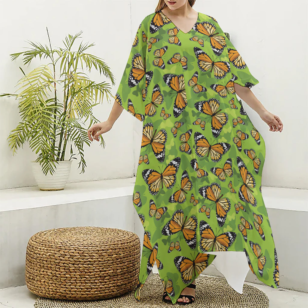 Green Monarch Butterfly Pattern Print Silk V-Neck Kaftan Dress