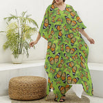 Green Monarch Butterfly Pattern Print Silk V-Neck Kaftan Dress