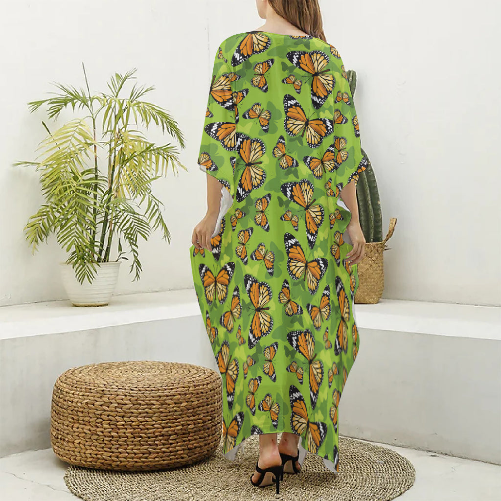 Green Monarch Butterfly Pattern Print Silk V-Neck Kaftan Dress