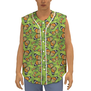 Green Monarch Butterfly Pattern Print Sleeveless Baseball Jersey