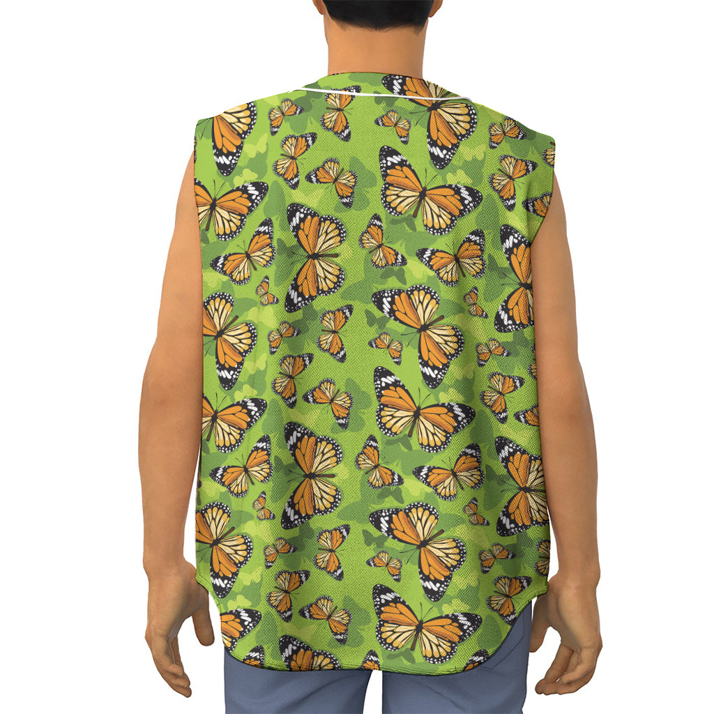 Green Monarch Butterfly Pattern Print Sleeveless Baseball Jersey