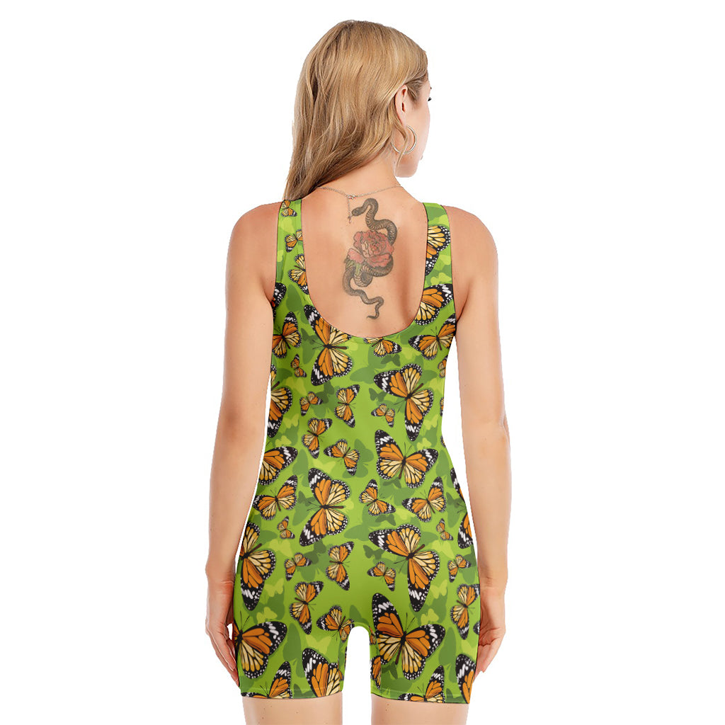 Green Monarch Butterfly Pattern Print Sleeveless One Piece Swimsuit