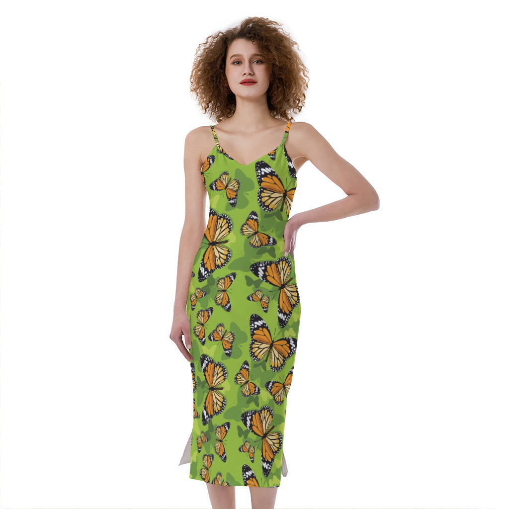 Green Monarch Butterfly Pattern Print Slim Fit Midi Cami Dress