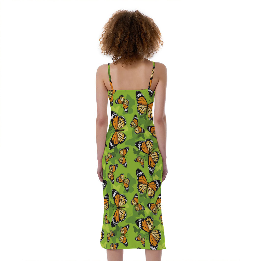 Green Monarch Butterfly Pattern Print Slim Fit Midi Cami Dress