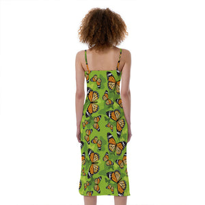 Green Monarch Butterfly Pattern Print Slim Fit Midi Cami Dress