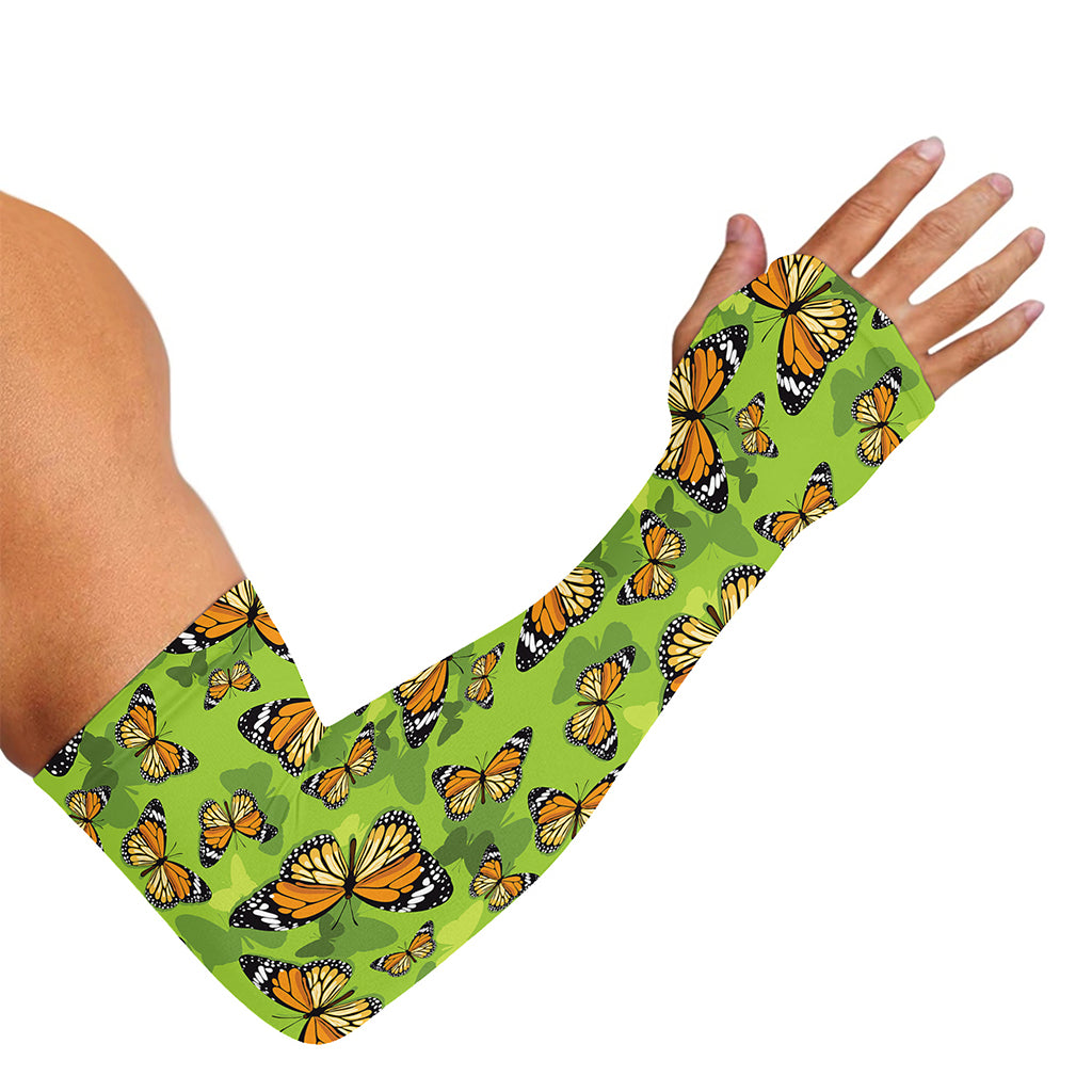 Green Monarch Butterfly Pattern Print Sun Protection Arm Sleeves