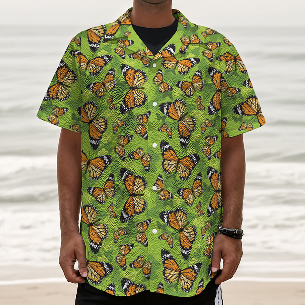 Green Monarch Butterfly Pattern Print Textured Short Sleeve Shirt