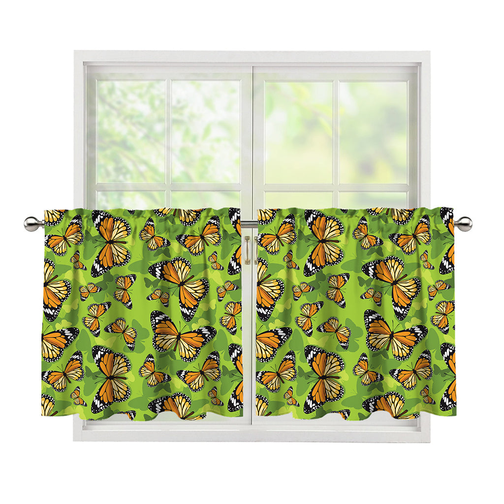 Green Monarch Butterfly Pattern Print Tier Curtains