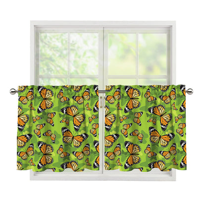 Green Monarch Butterfly Pattern Print Tier Curtains