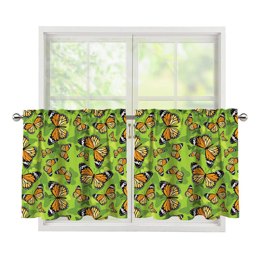 Green Monarch Butterfly Pattern Print Tier Curtains