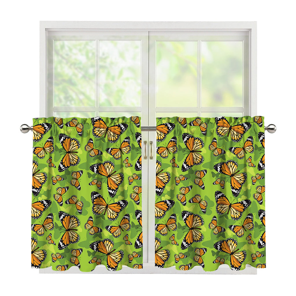 Green Monarch Butterfly Pattern Print Tier Curtains