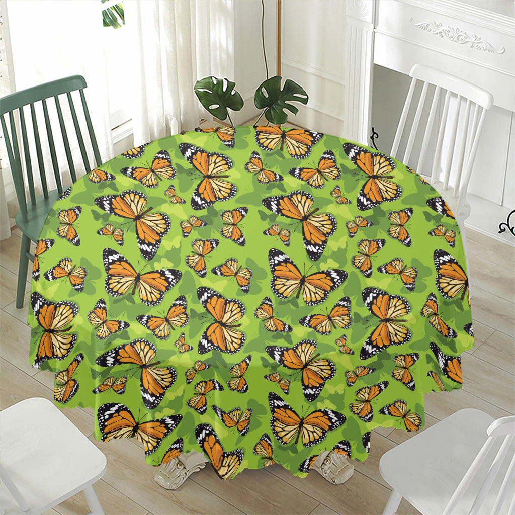 Green Monarch Butterfly Pattern Print Waterproof Round Tablecloth